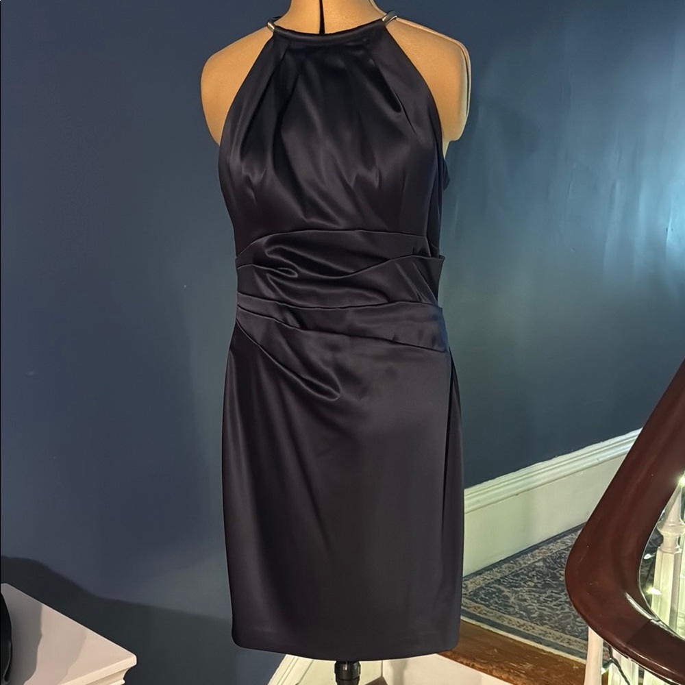 Chic Navy Satin Halter Dress